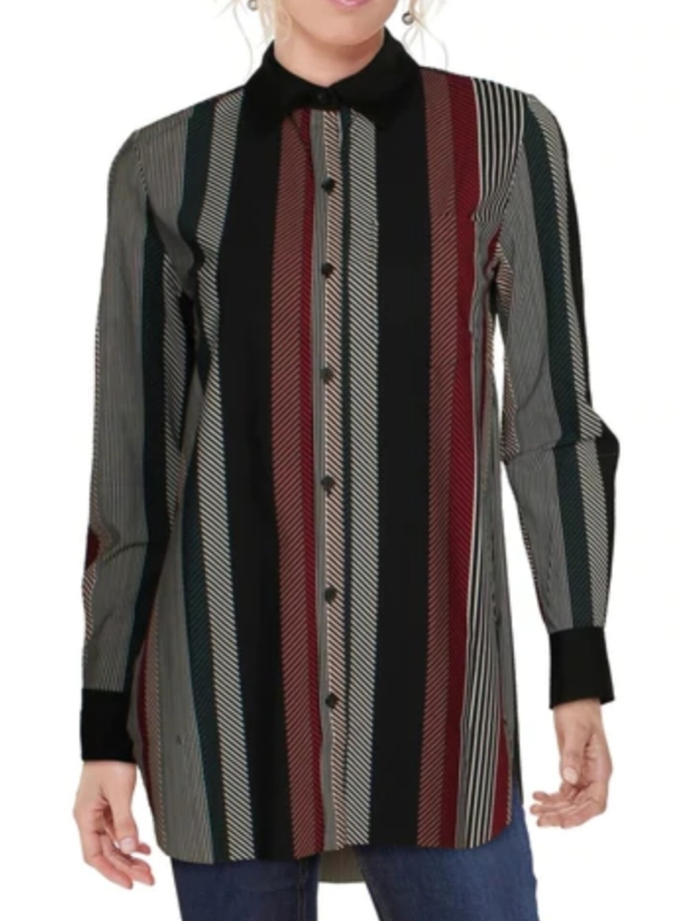 Lysse Vertical Stripe Button-Down Shirt - Black, Burgundy & Teal
